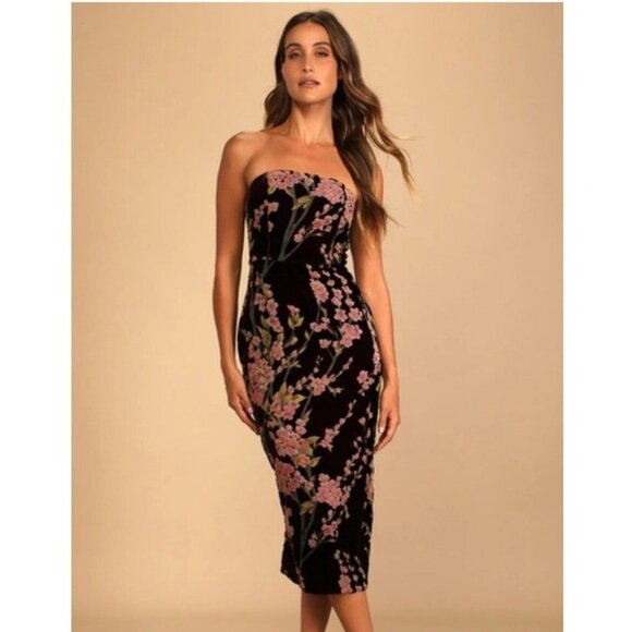 Lulus Dresses & Skirts - Lulus Make Dress Navy Blue Velvet  Floral  Strapless Midi Dress Size Small